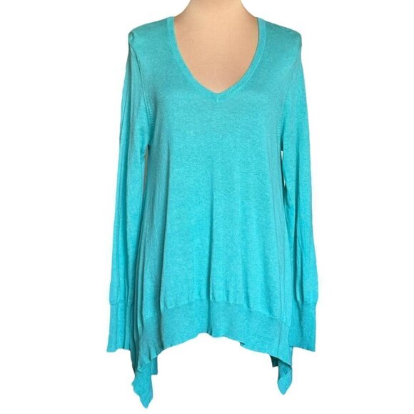 NWOT Acrobat  V-Neck Sweater Sz.L Turquoise Blue Asymmetrical Hem Relaxed Fit - Picture 2 of 11